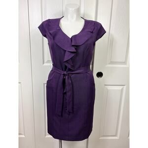 Sharagano Career Formal Sheath Dress Purple Belted Ruffle Pockets Size 14 NWT